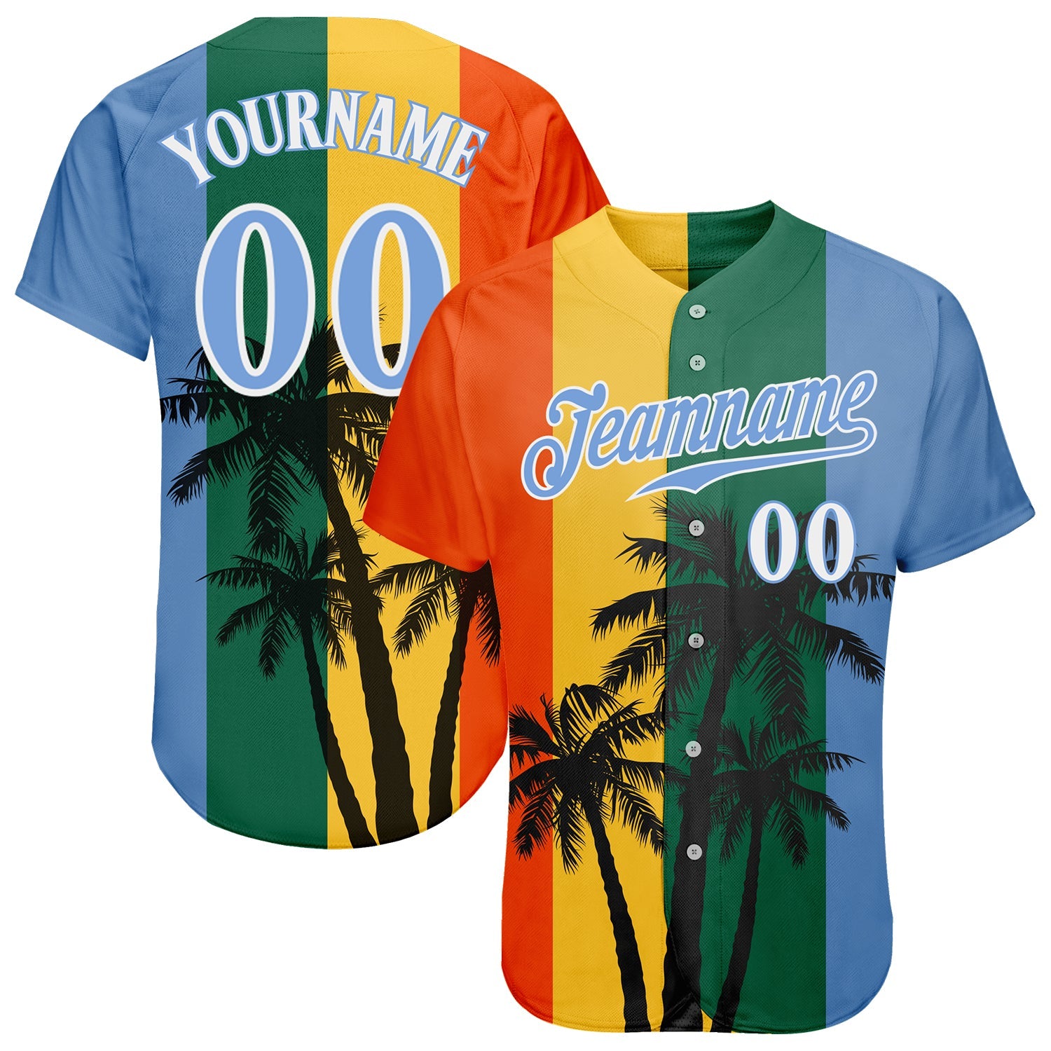 Custom Kelly Green Light Blue-White 3D Pattern Design Hawaii Coconut Trees Authentic Baseball Jersey - Main View