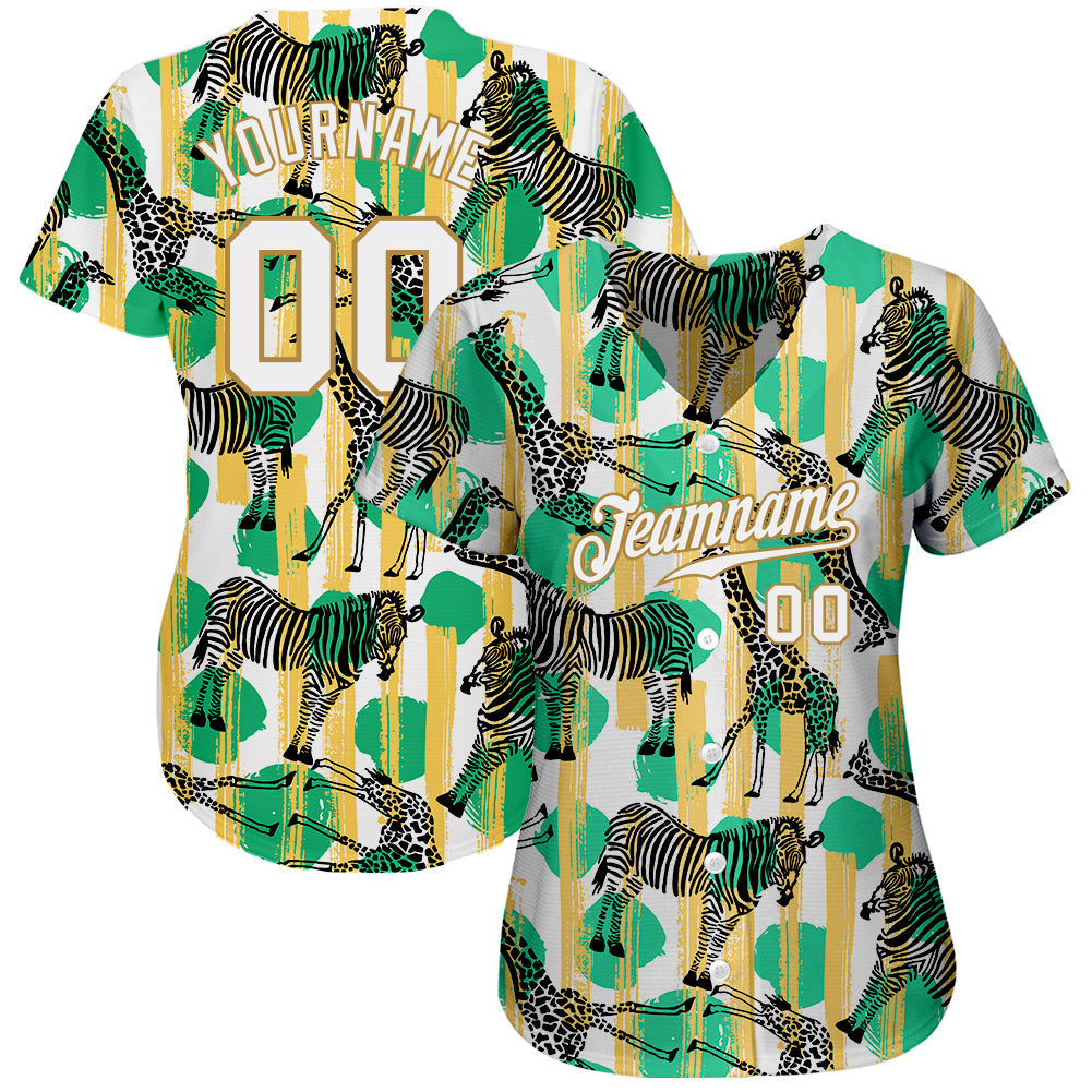 Custom Kelly Green White-Old Gold 3D Pattern Design Zebras And Giraffes Authentic Baseball Jersey view 2