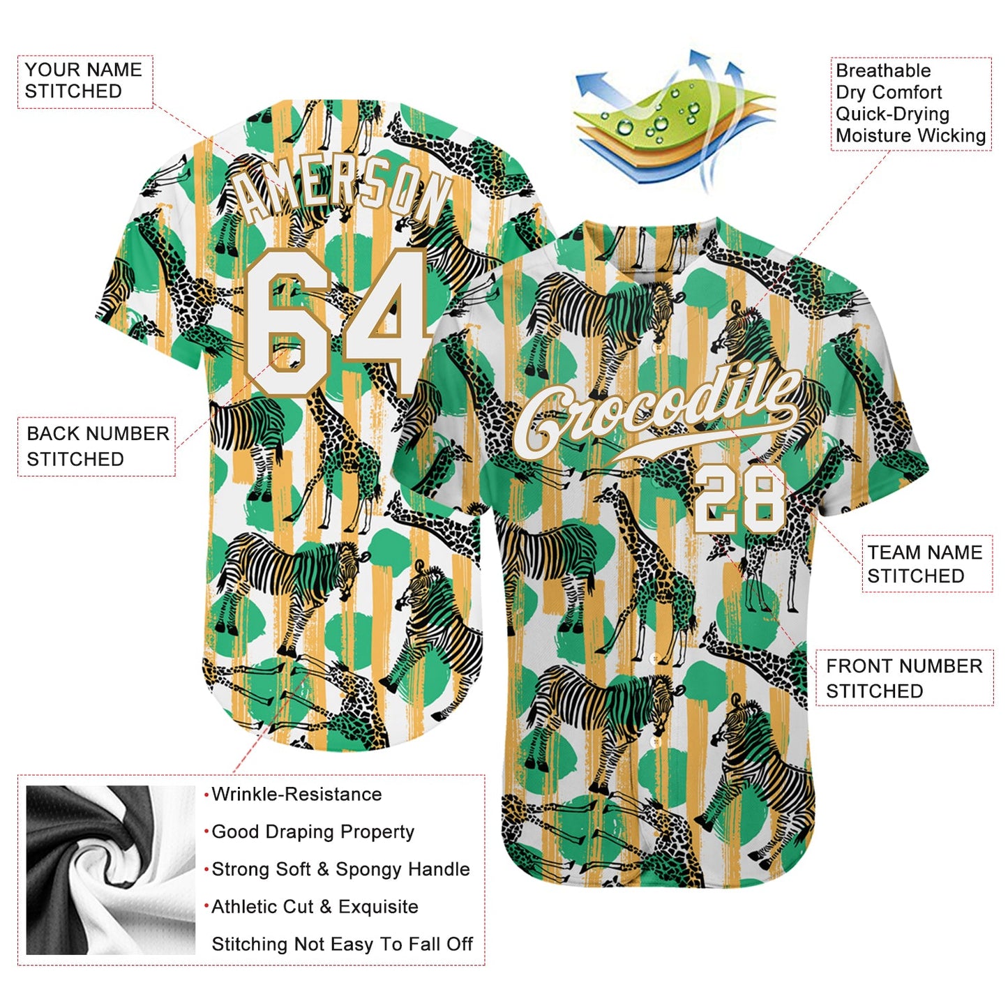 Custom Kelly Green White-Old Gold 3D Pattern Design Zebras And Giraffes Authentic Baseball Jersey view 3