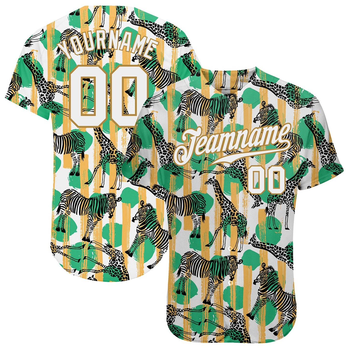 Custom Kelly Green White-Old Gold 3D Pattern Design Zebras And Giraffes Authentic Baseball Jersey - Main View