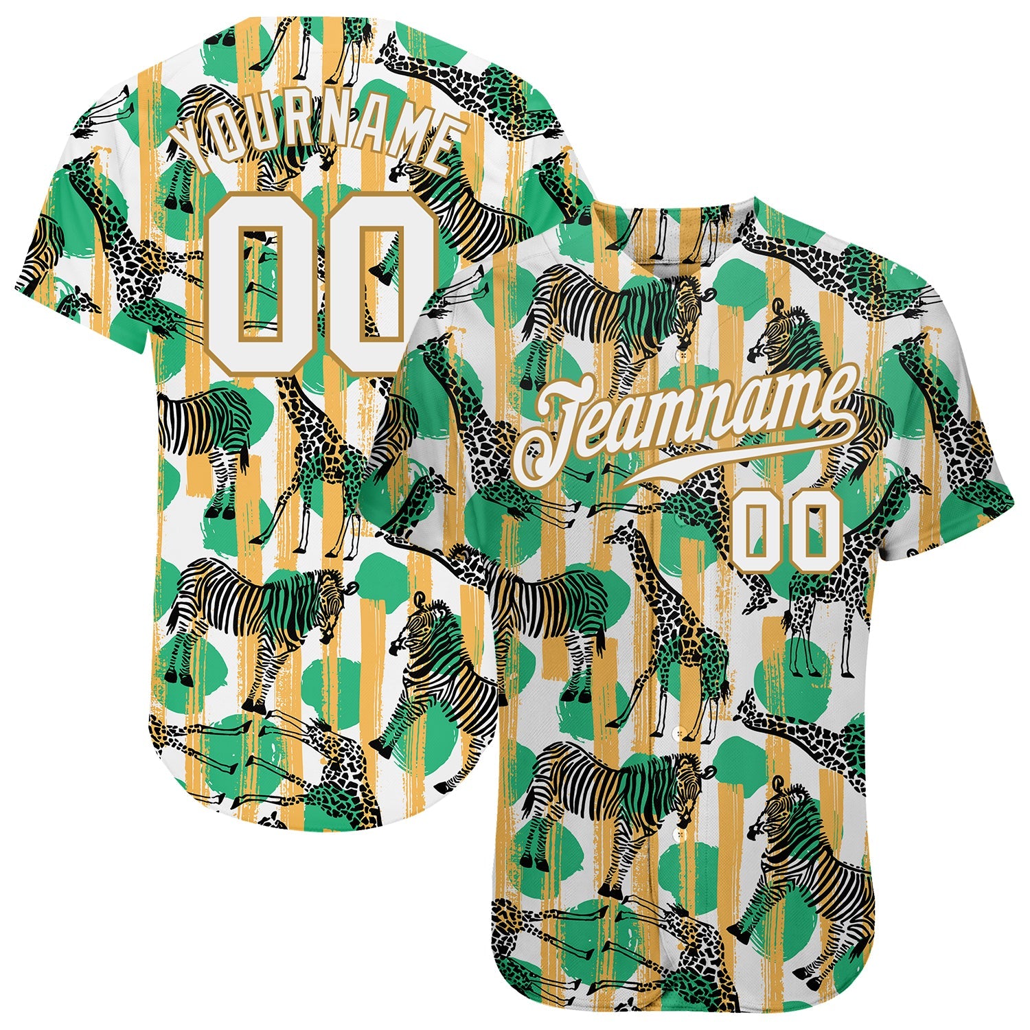 Custom Kelly Green White-Old Gold 3D Pattern Design Zebras And Giraffes Authentic Baseball Jersey - Main View