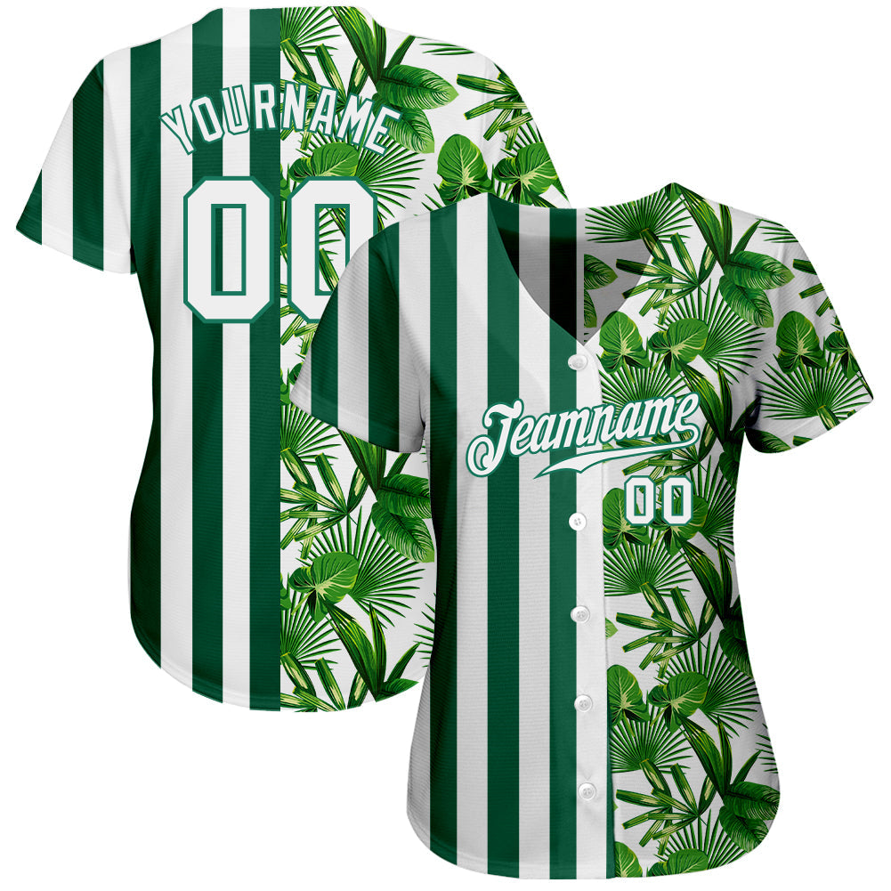 Custom Kelly Green White-Kelly Green 3D Pattern Design Tropical Palm Leaves Authentic Baseball Jersey view 2