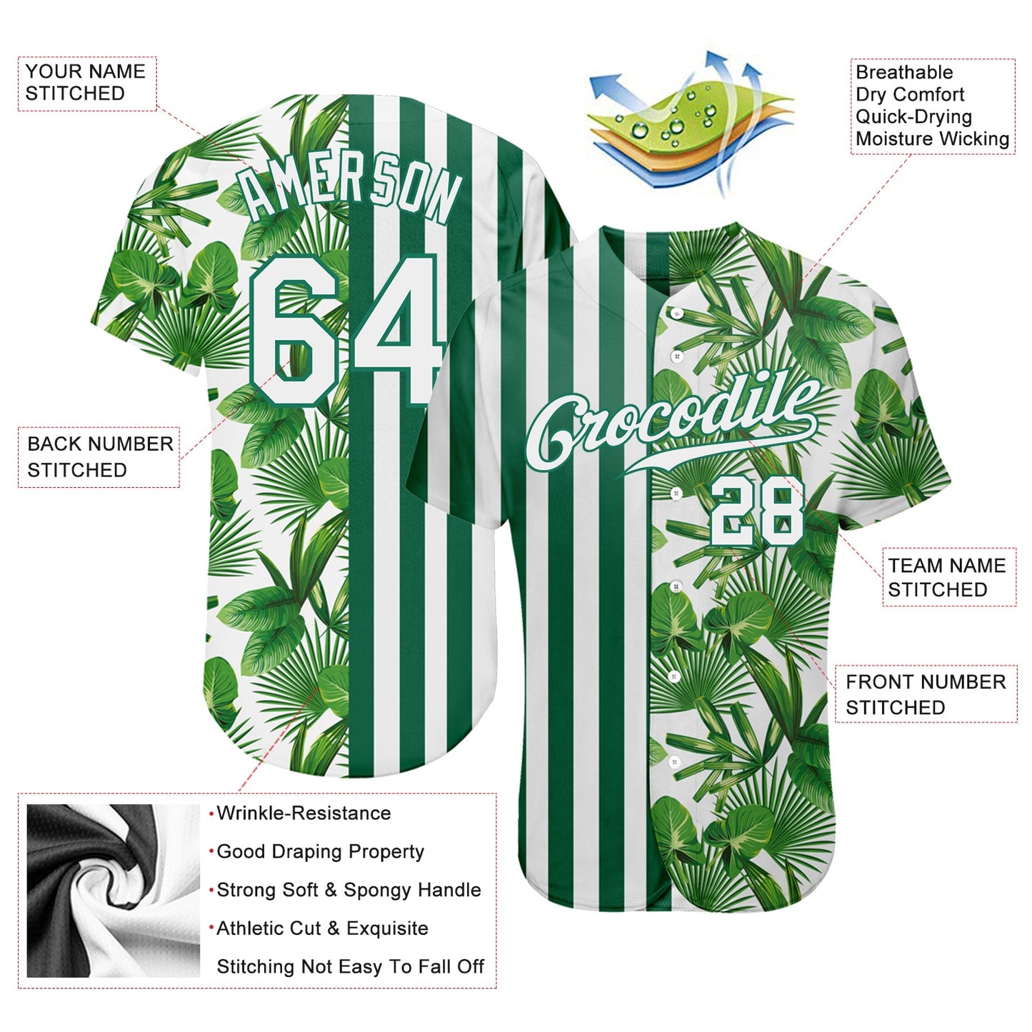 Custom Kelly Green White-Kelly Green 3D Pattern Design Tropical Palm Leaves Authentic Baseball Jersey view 3
