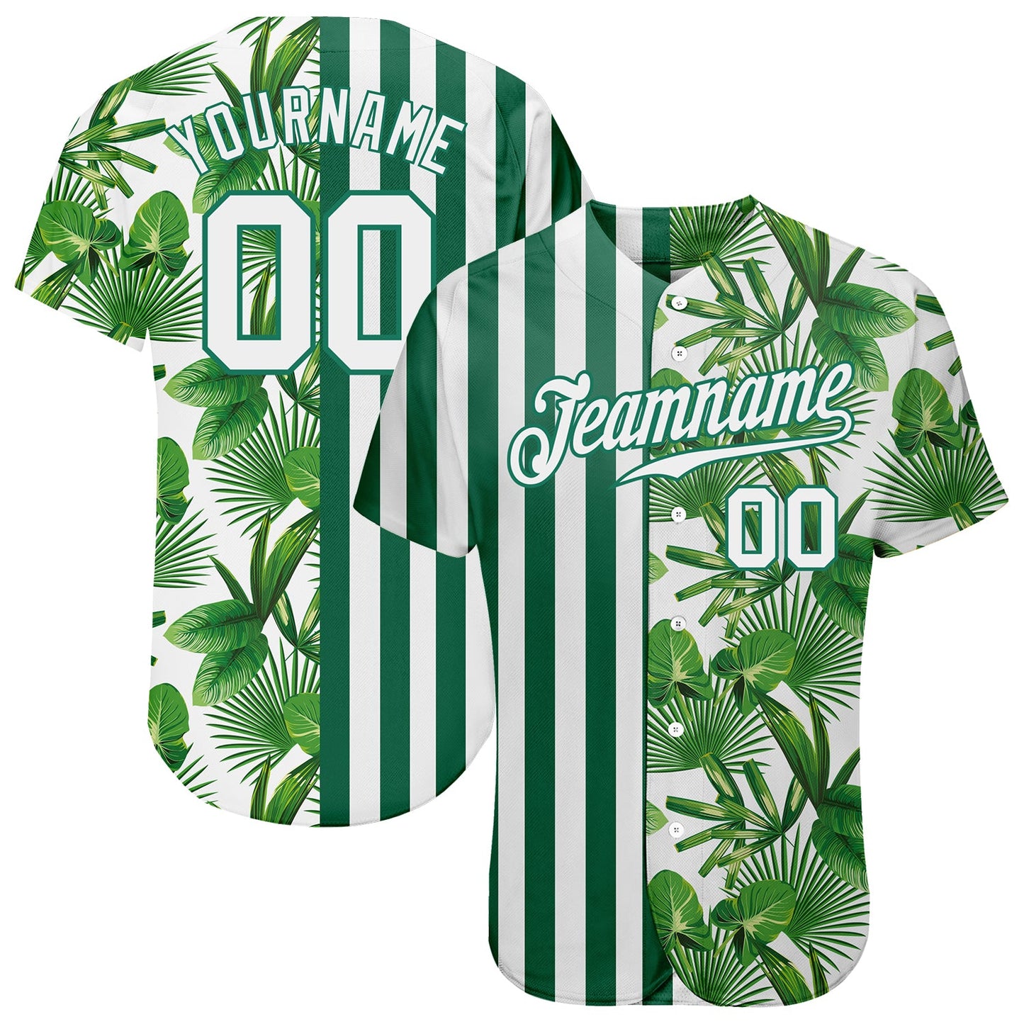 Custom Kelly Green White-Kelly Green 3D Pattern Design Tropical Palm Leaves Authentic Baseball Jersey - Main View