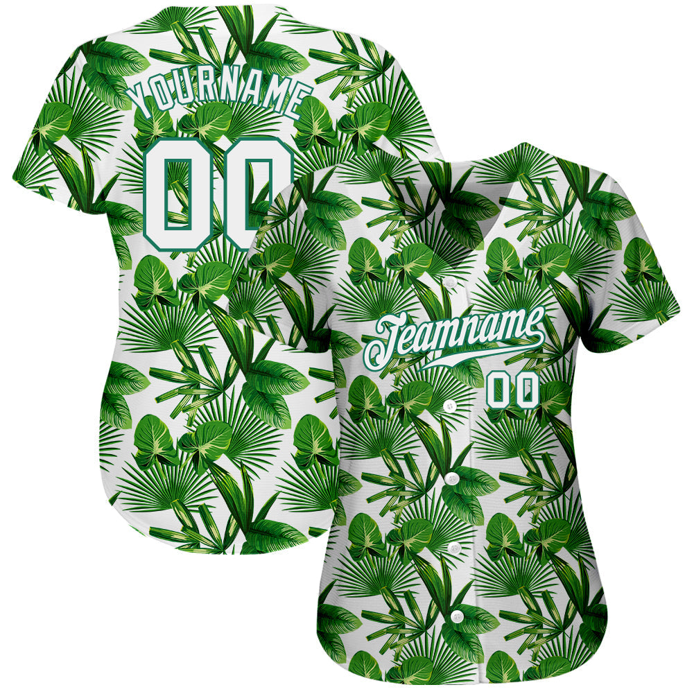Custom Kelly Green White-Kelly Green 3D Pattern Design Tropical Palm Leaves Authentic Baseball Jersey view 2