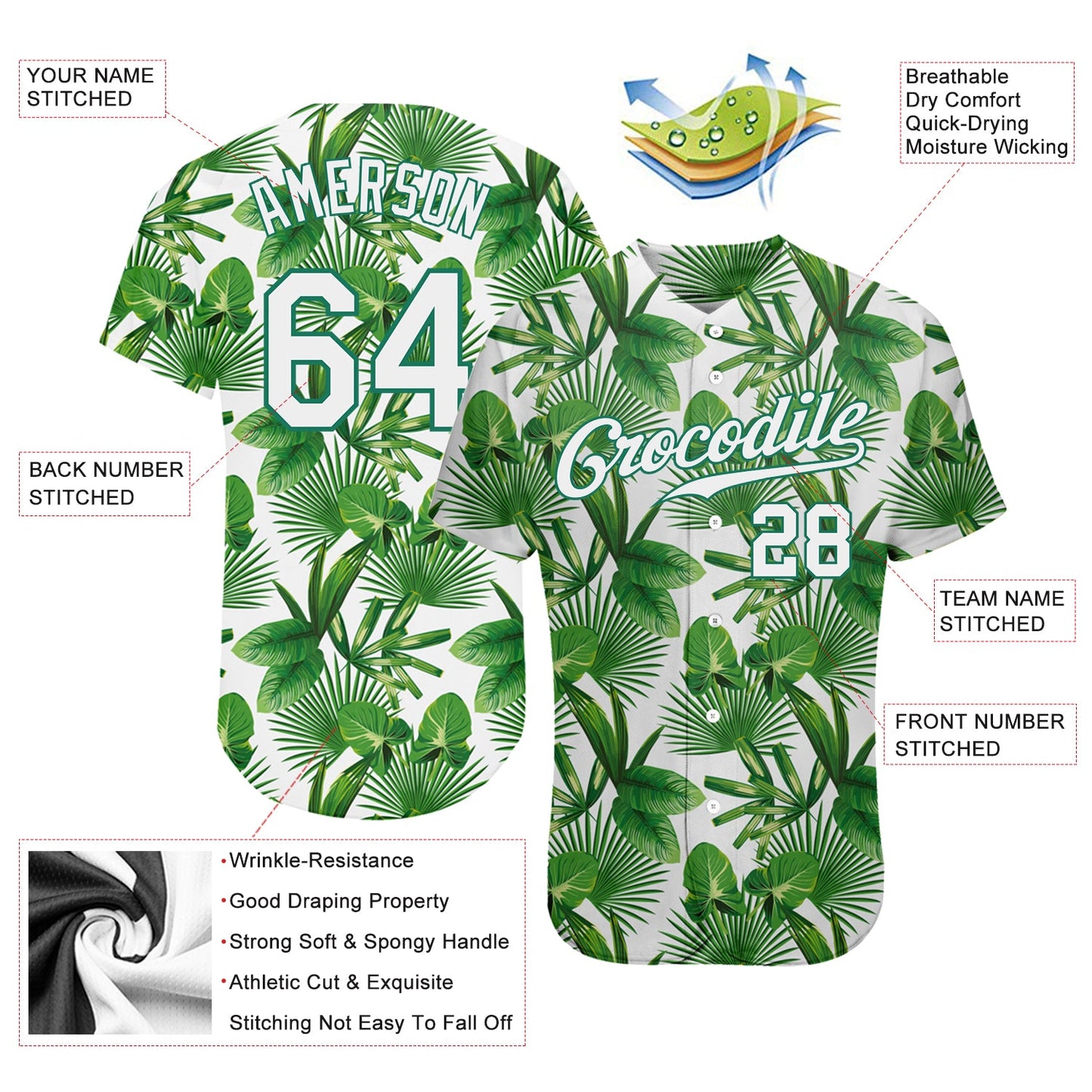 Custom Kelly Green White-Kelly Green 3D Pattern Design Tropical Palm Leaves Authentic Baseball Jersey view 3