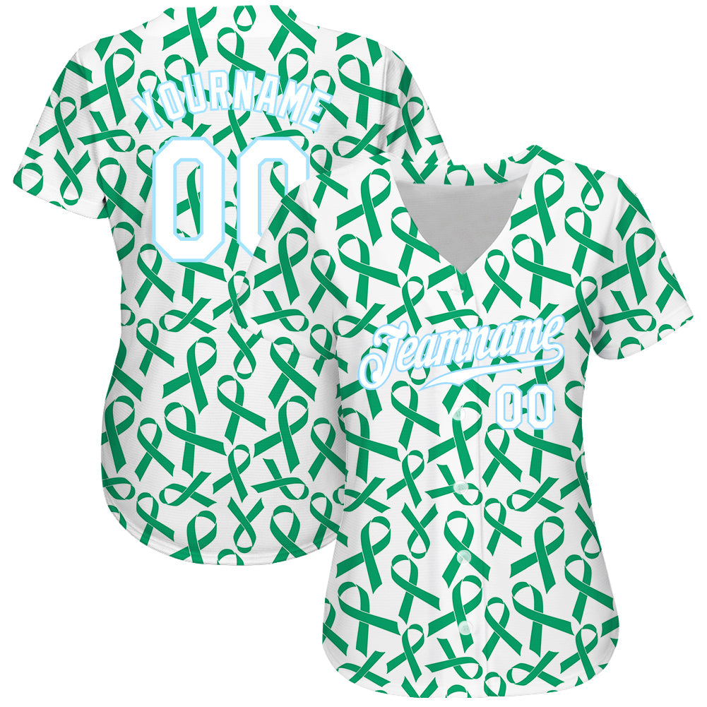 Custom Kelly Green White-Light Blue 3D Pattern Design Breast Cancer Authentic Baseball Jersey view 2