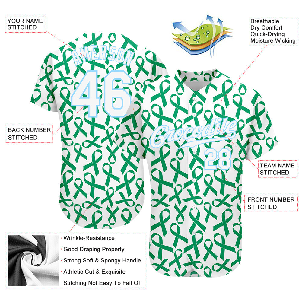 Custom Kelly Green White-Light Blue 3D Pattern Design Breast Cancer Authentic Baseball Jersey view 3