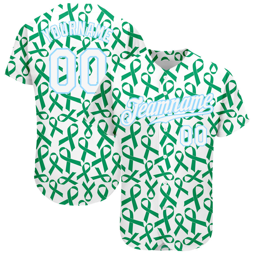 Custom Kelly Green White-Light Blue 3D Pattern Design Breast Cancer Authentic Baseball Jersey - Main View