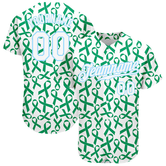 Custom Kelly Green White-Light Blue 3D Pattern Design Breast Cancer Authentic Baseball Jersey - Main View