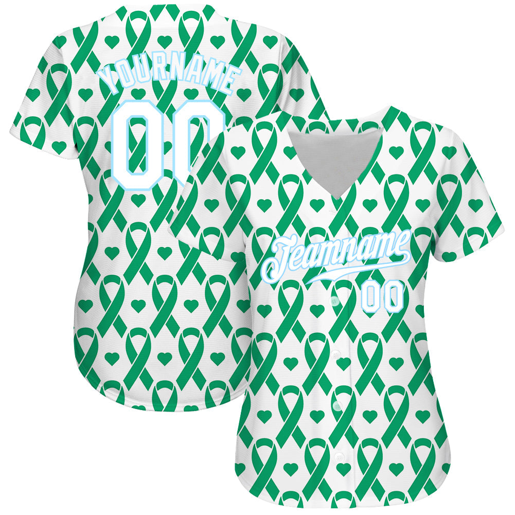 Custom Kelly Green White-Light Blue 3D Pattern Design Breast Cancer Authentic Baseball Jersey view 2