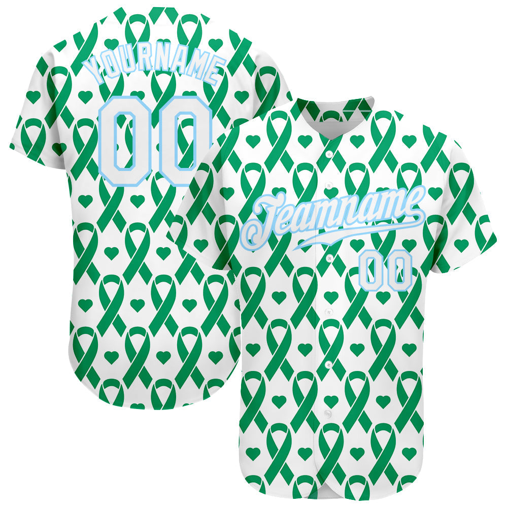 Custom Kelly Green White-Light Blue 3D Pattern Design Breast Cancer Authentic Baseball Jersey - Main View