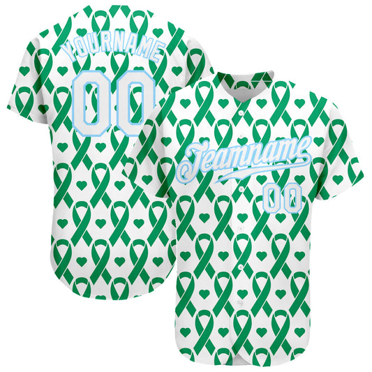 Custom Kelly Green White-Light Blue 3D Pattern Design Breast Cancer Authentic Baseball Jersey - Main View