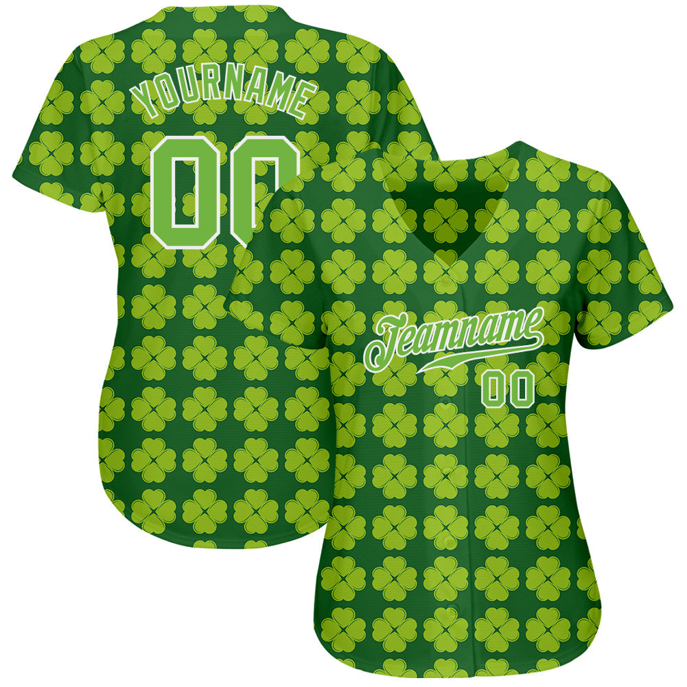 Custom Kelly Green Neon Green-White 3D Pattern Design Authentic St. Patrick's Day Baseball Jersey view 2