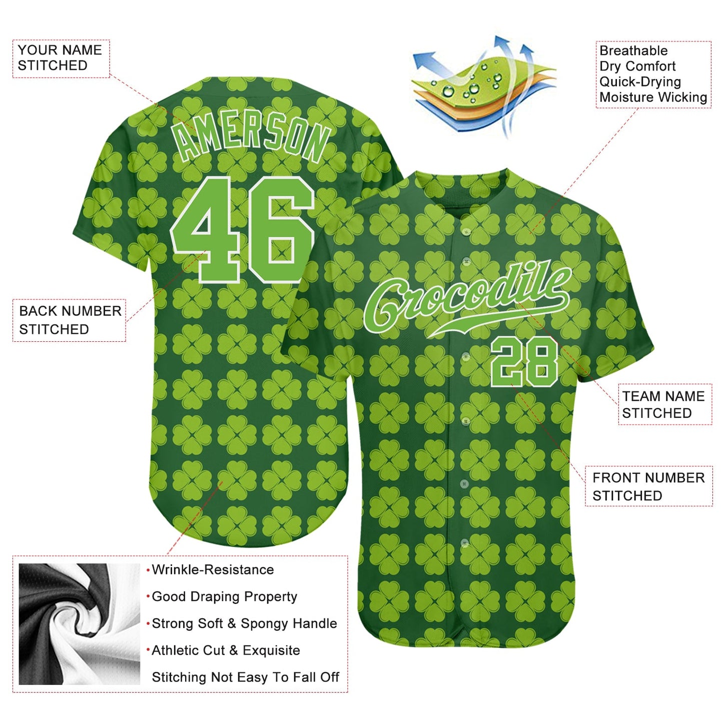 Custom Kelly Green Neon Green-White 3D Pattern Design Authentic St. Patrick's Day Baseball Jersey view 3