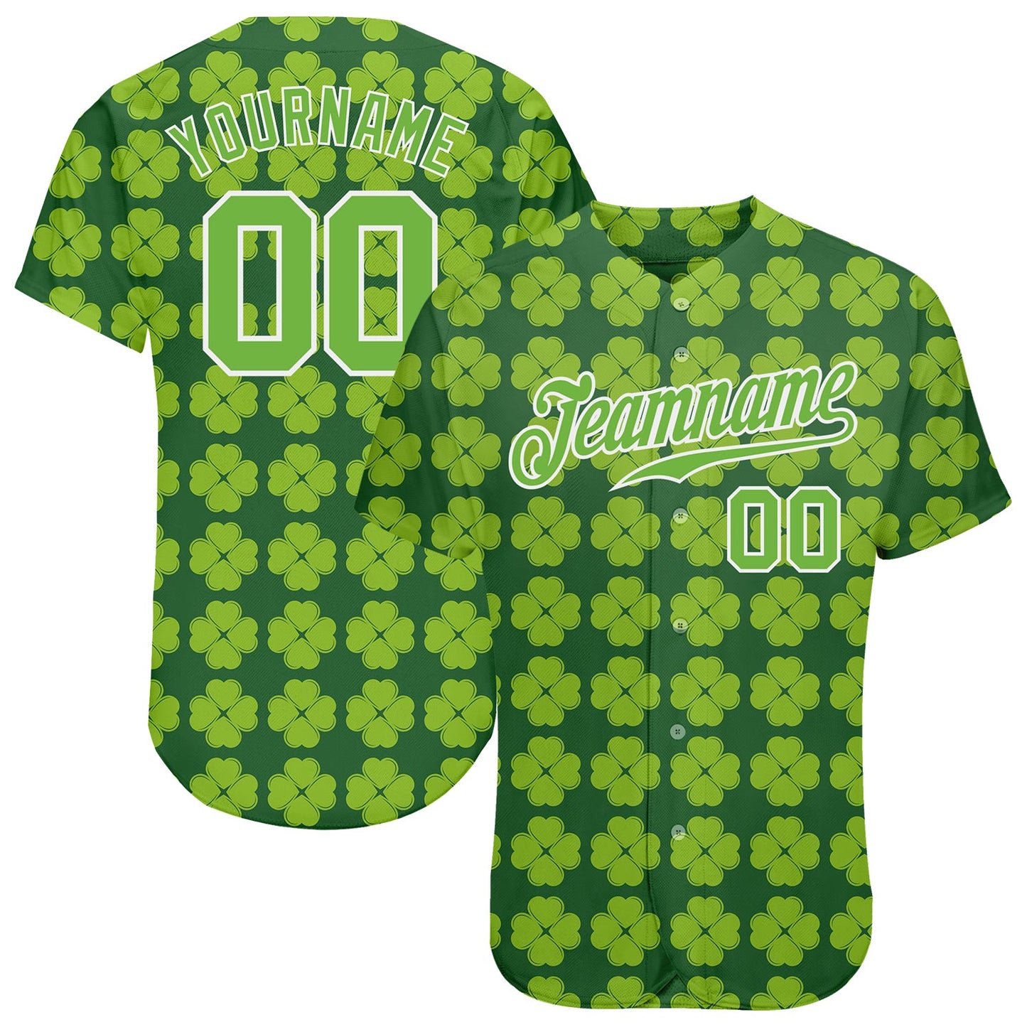 Custom Kelly Green Neon Green-White 3D Pattern Design Authentic St. Patrick's Day Baseball Jersey - Main View