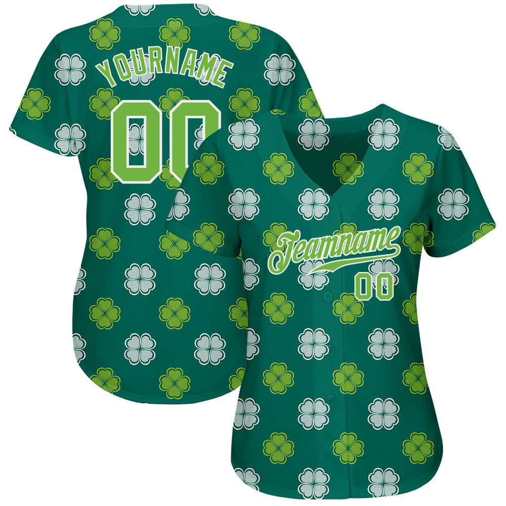 Custom Kelly Green Neon Green-White 3D Pattern Design Authentic St. Patrick's Day Baseball Jersey view 2