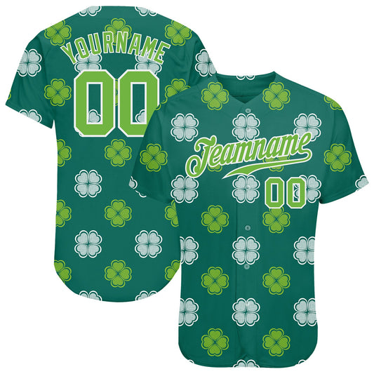 Custom Kelly Green Neon Green-White 3D Pattern Design Authentic St. Patrick's Day Baseball Jersey - Main View