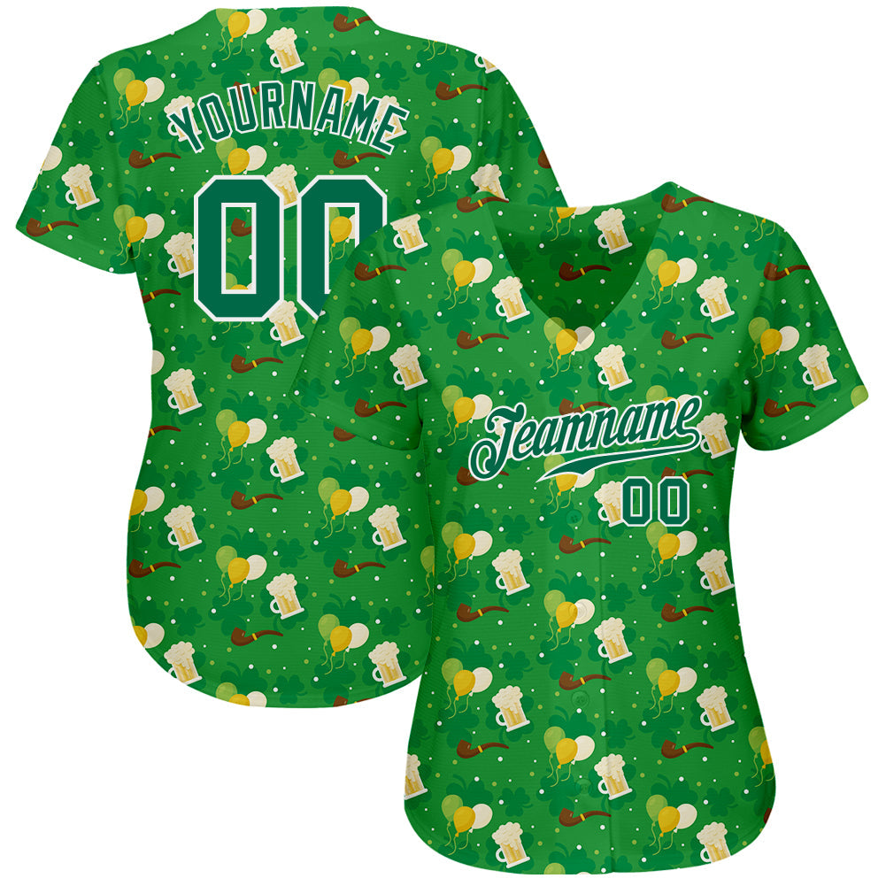 Custom Kelly Green Kelly Green-White 3D Pattern Design Authentic St. Patrick's Day Baseball Jersey view 2