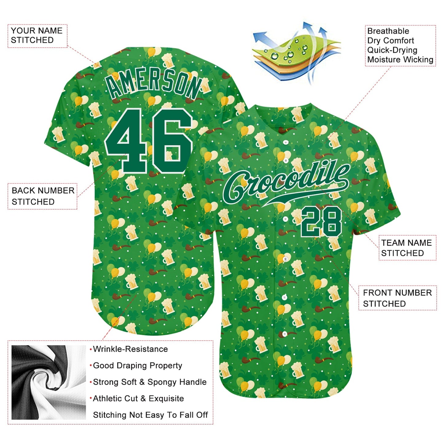 Custom Kelly Green Kelly Green-White 3D Pattern Design Authentic St. Patrick's Day Baseball Jersey view 3