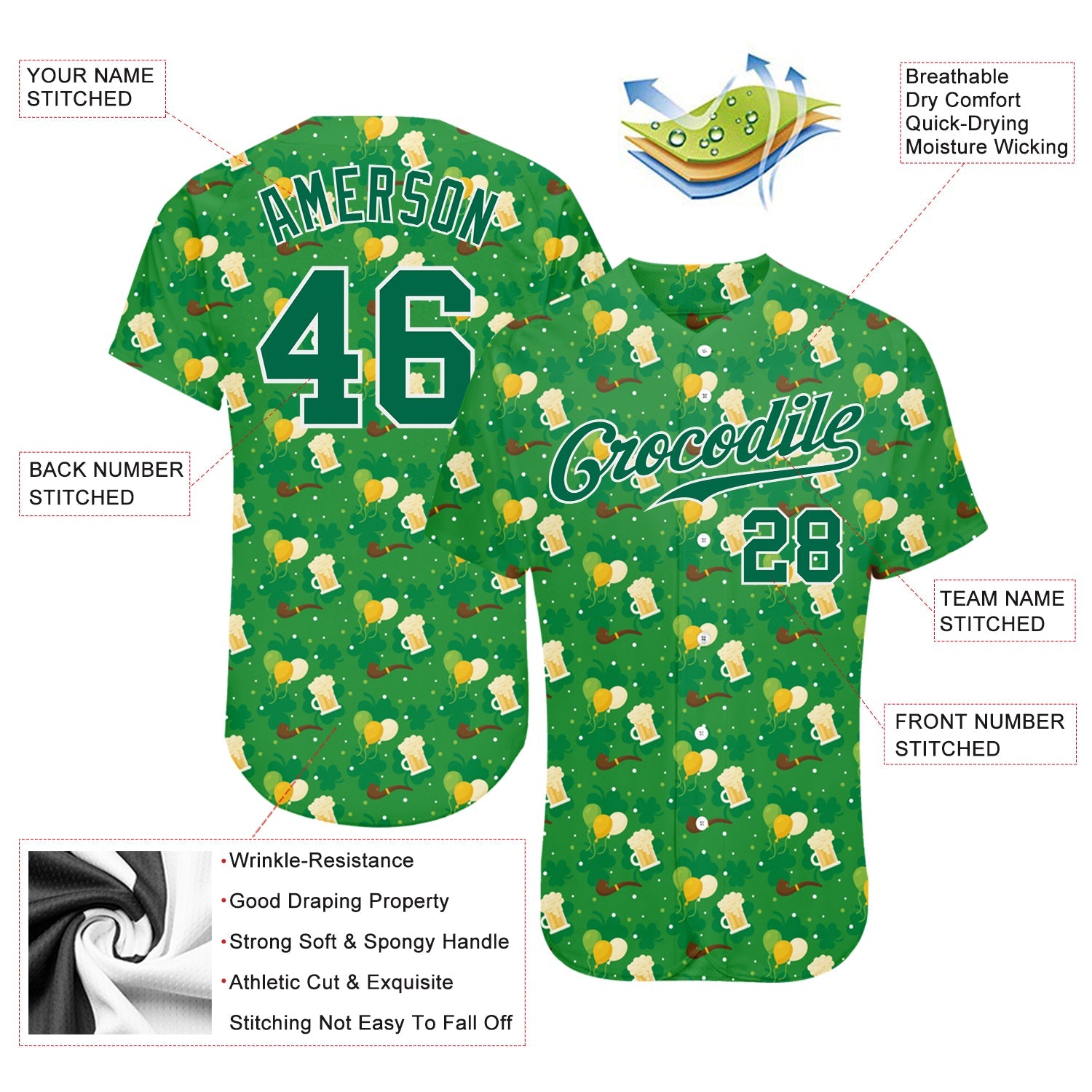 Custom Kelly Green Kelly Green-White 3D Pattern Design Authentic St. Patrick's Day Baseball Jersey view 3