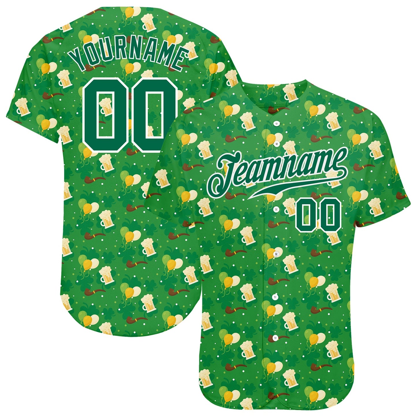 Custom Kelly Green Kelly Green-White 3D Pattern Design Authentic St. Patrick's Day Baseball Jersey - Main View