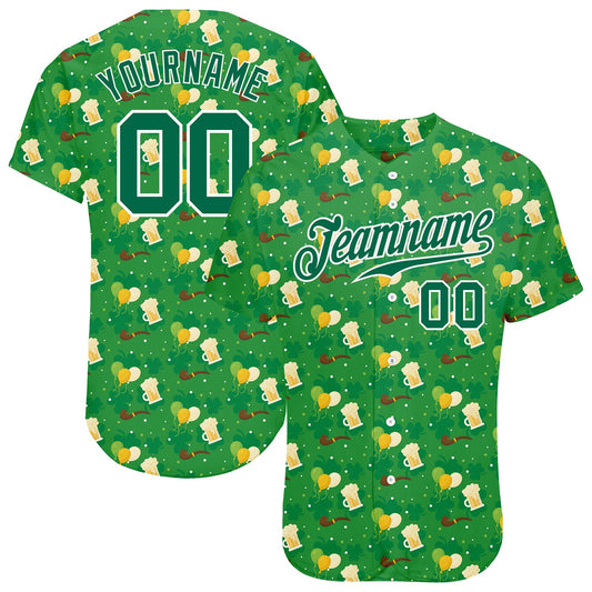 Custom Kelly Green Kelly Green-White 3D Pattern Design Authentic St. Patrick's Day Baseball Jersey - Main View