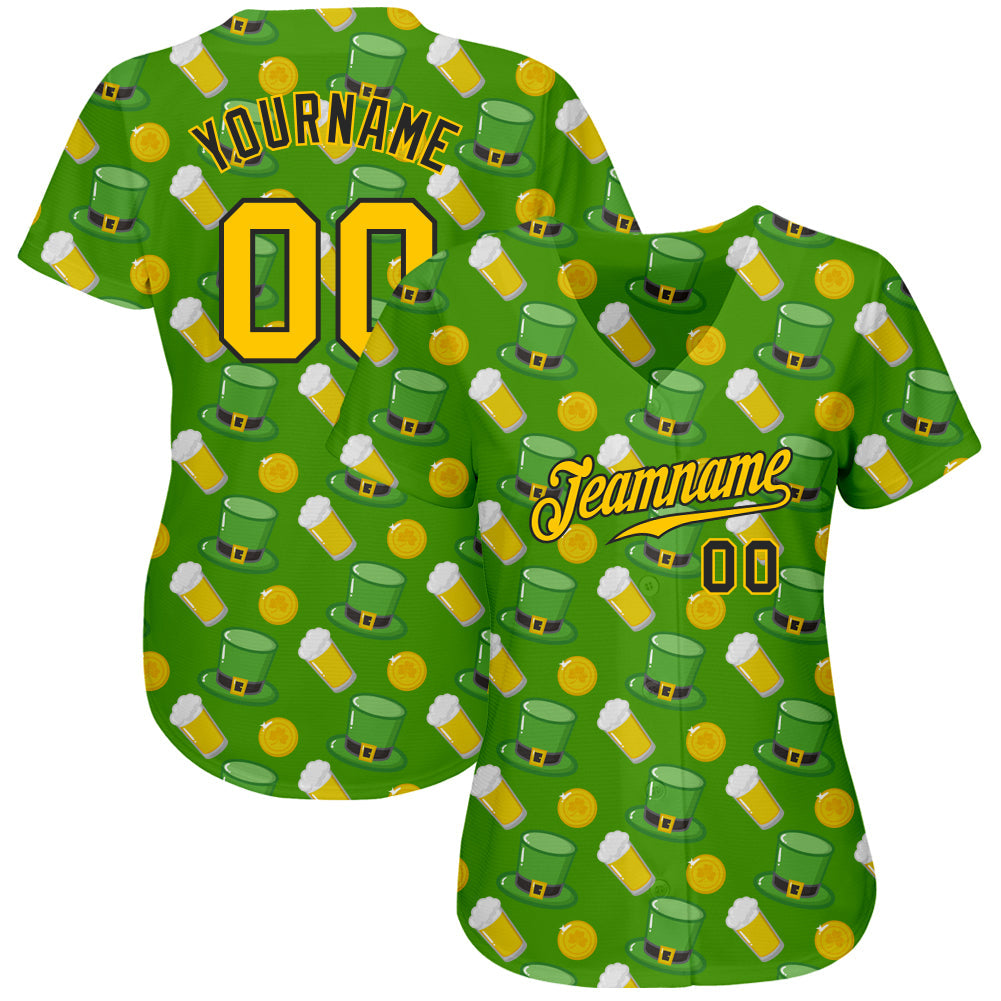 Custom Kelly Green Gold-Black 3D Pattern Design Authentic St. Patrick's Day Baseball Jersey view 2