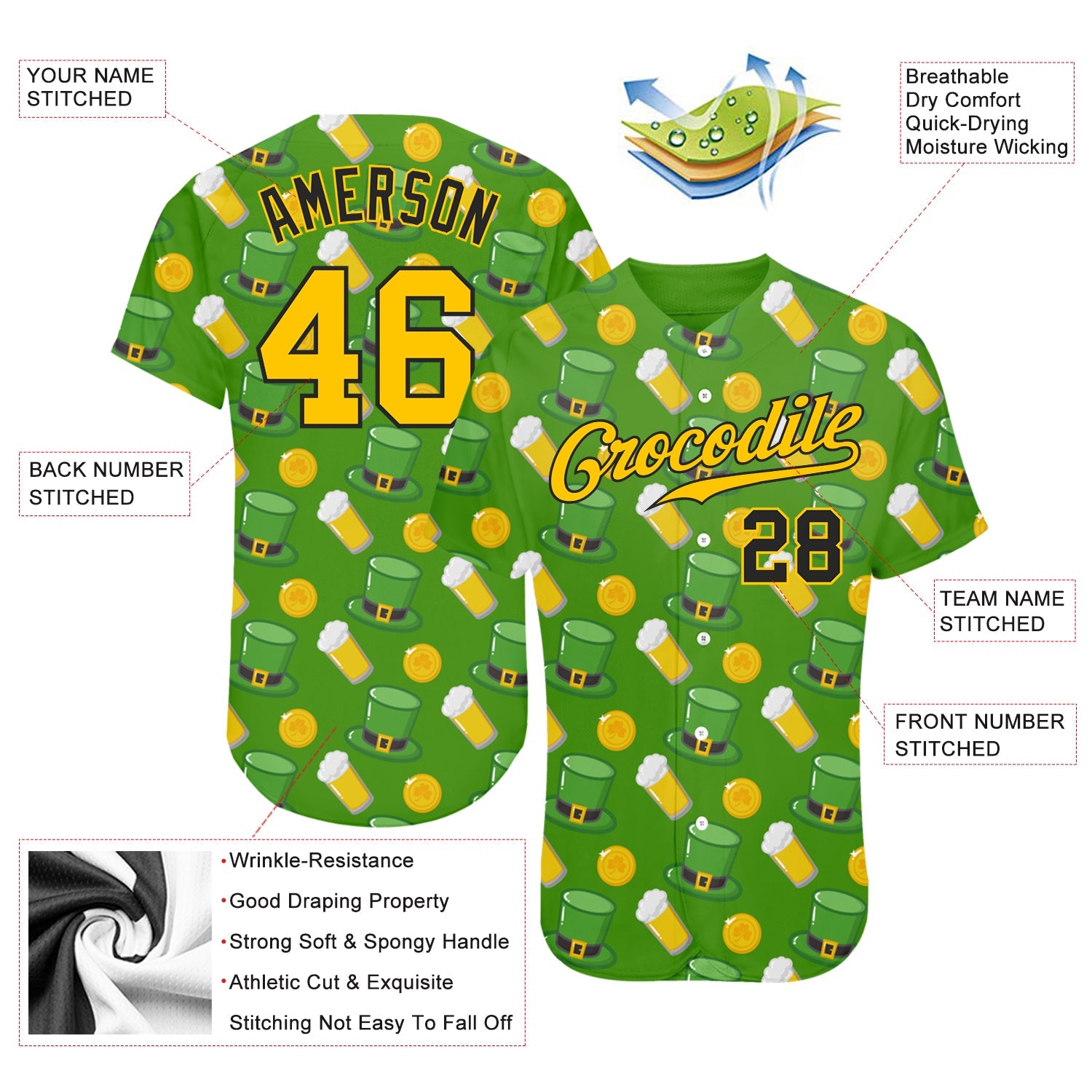 Custom Kelly Green Gold-Black 3D Pattern Design Authentic St. Patrick's Day Baseball Jersey view 3