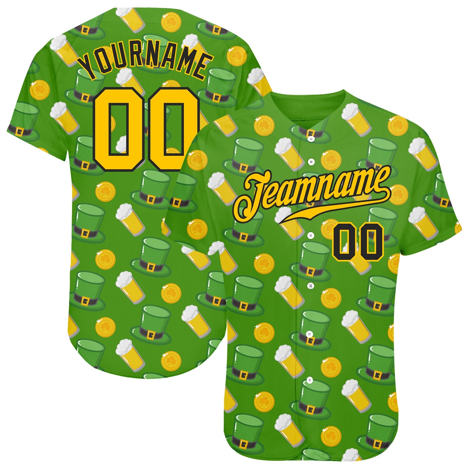 Custom Kelly Green Gold-Black 3D Pattern Design Authentic St. Patrick's Day Baseball Jersey - Main View