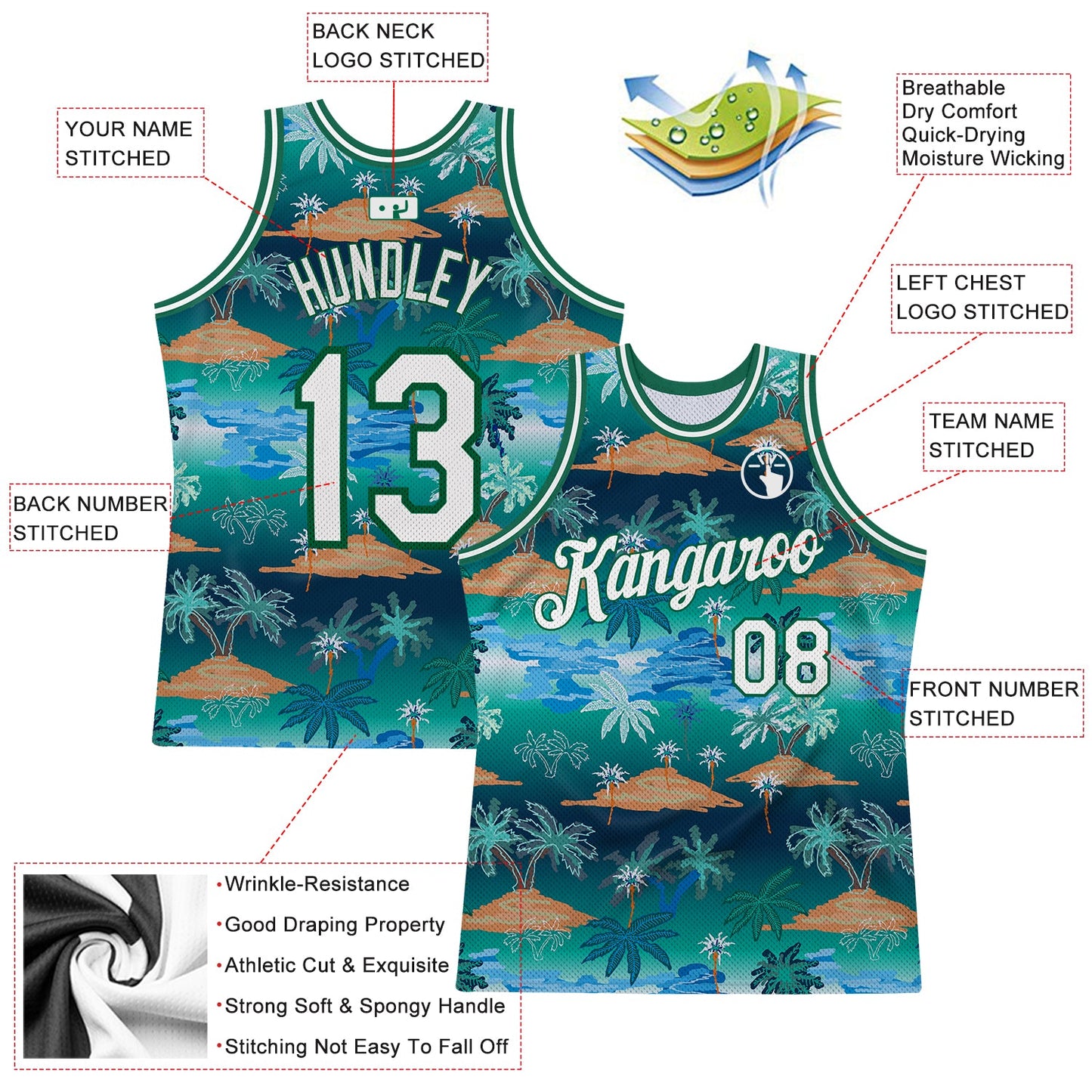 Custom Kelly Green White-Kelly Green 3D Pattern Hawaii Palm Trees Authentic Basketball Jersey view 2