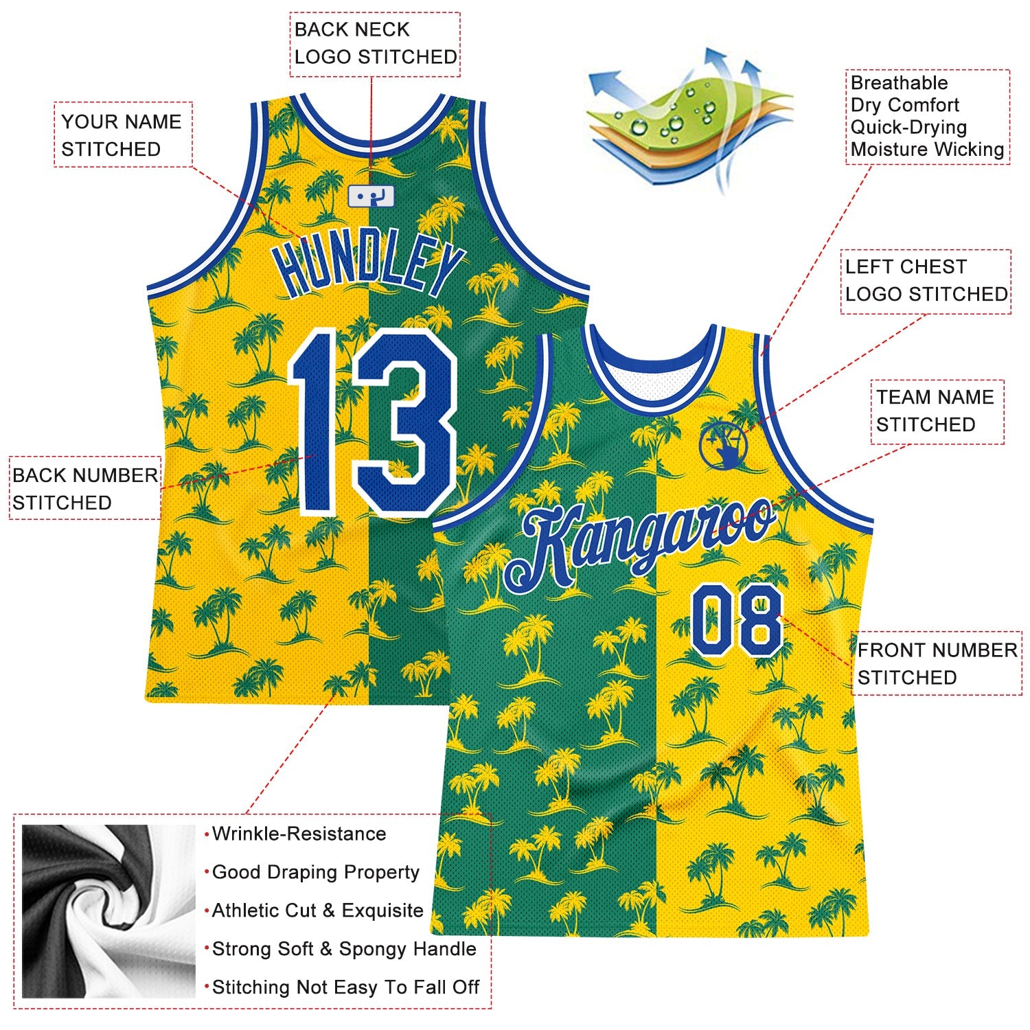 Custom Kelly Green Royal-Gold 3D Pattern Hawaii Palm Trees Authentic Basketball Jersey view 2