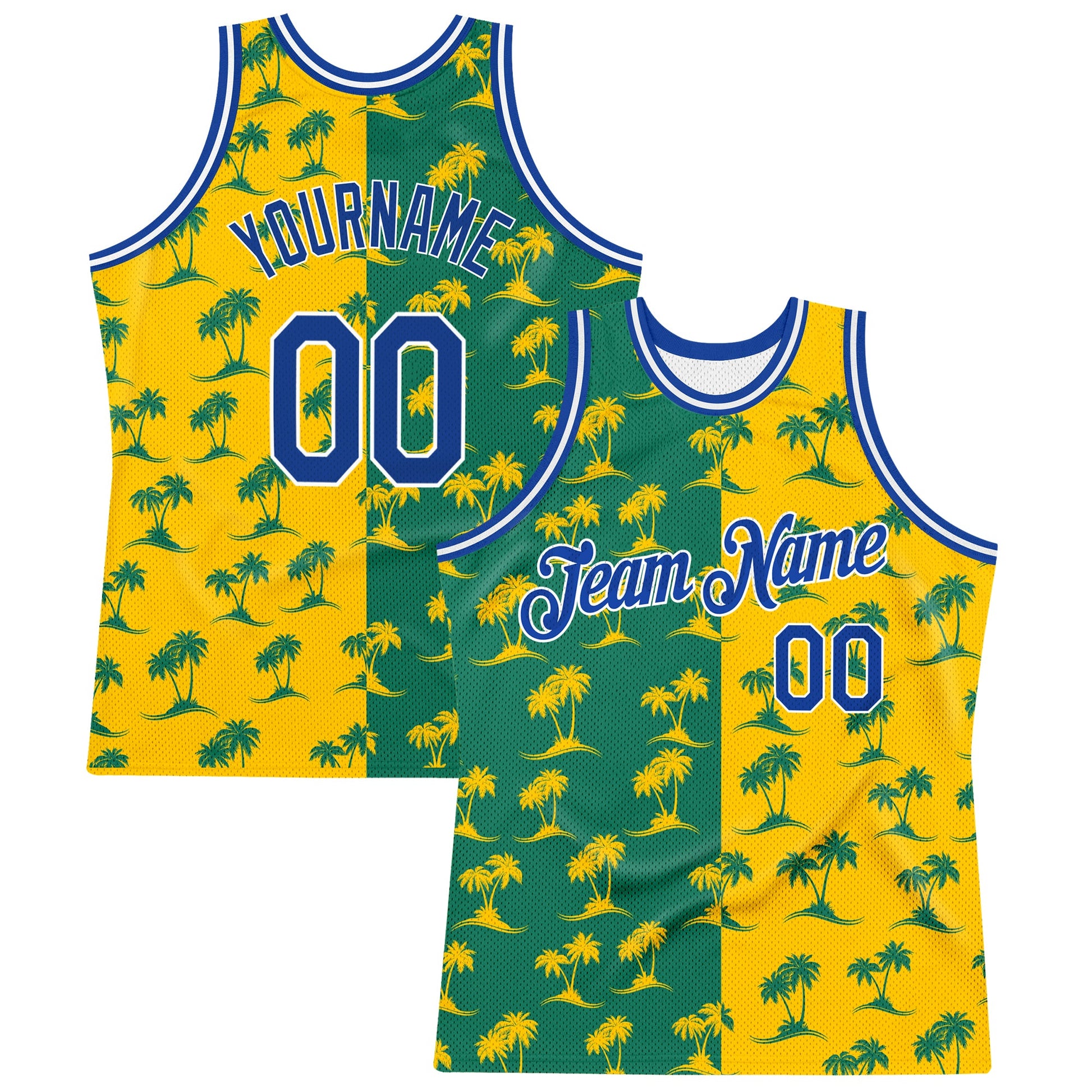 Custom Kelly Green Royal-Gold 3D Pattern Hawaii Palm Trees Authentic Basketball Jersey - Main View