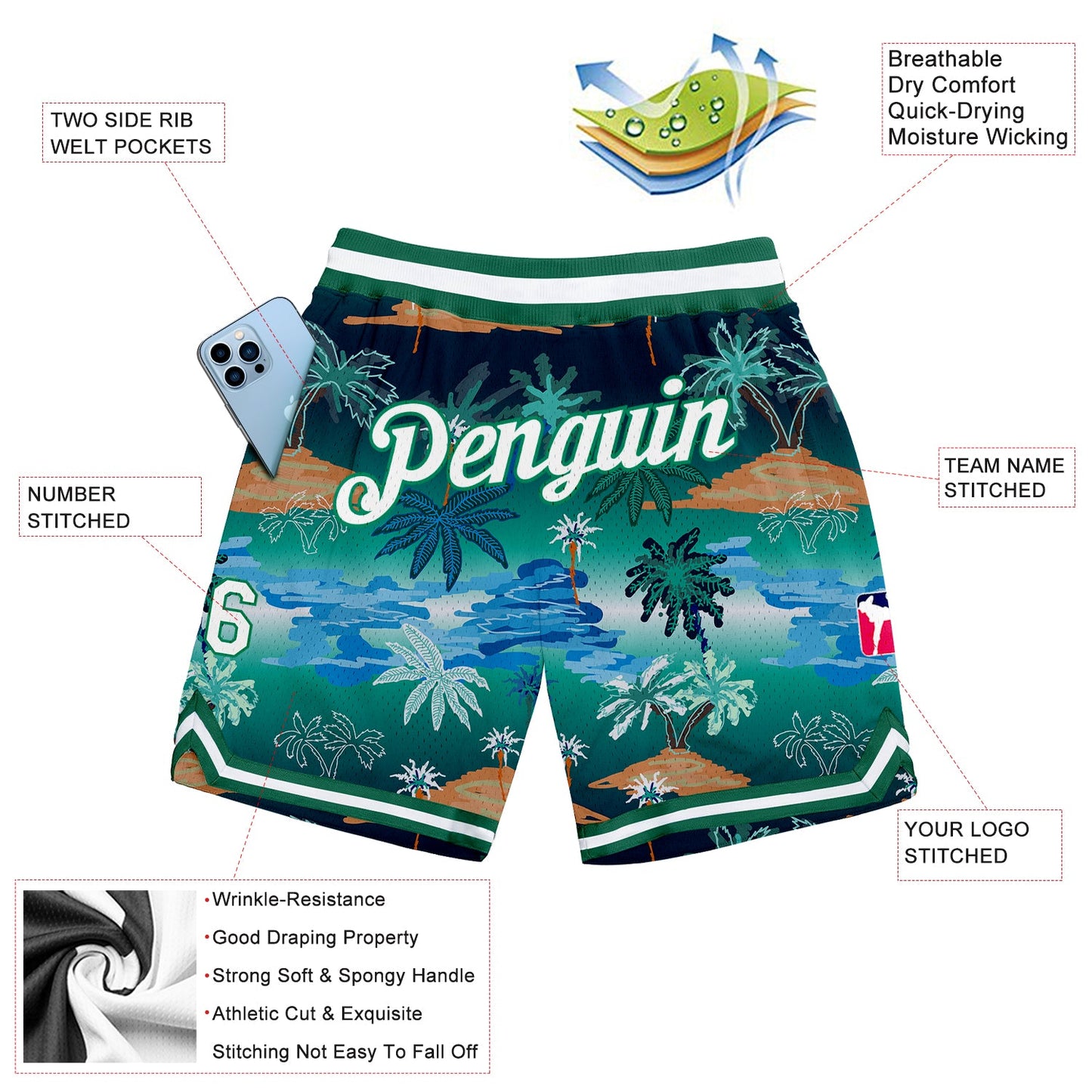 Custom Kelly Green White-Kelly Green 3D Pattern Design Palm Trees Authentic Basketball Shorts view 2