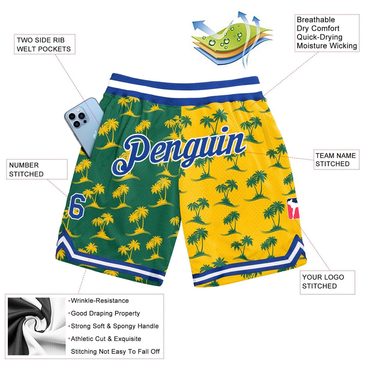 Custom Kelly Green Royal-Gold 3D Pattern Design Palm Trees Authentic Basketball Shorts view 2