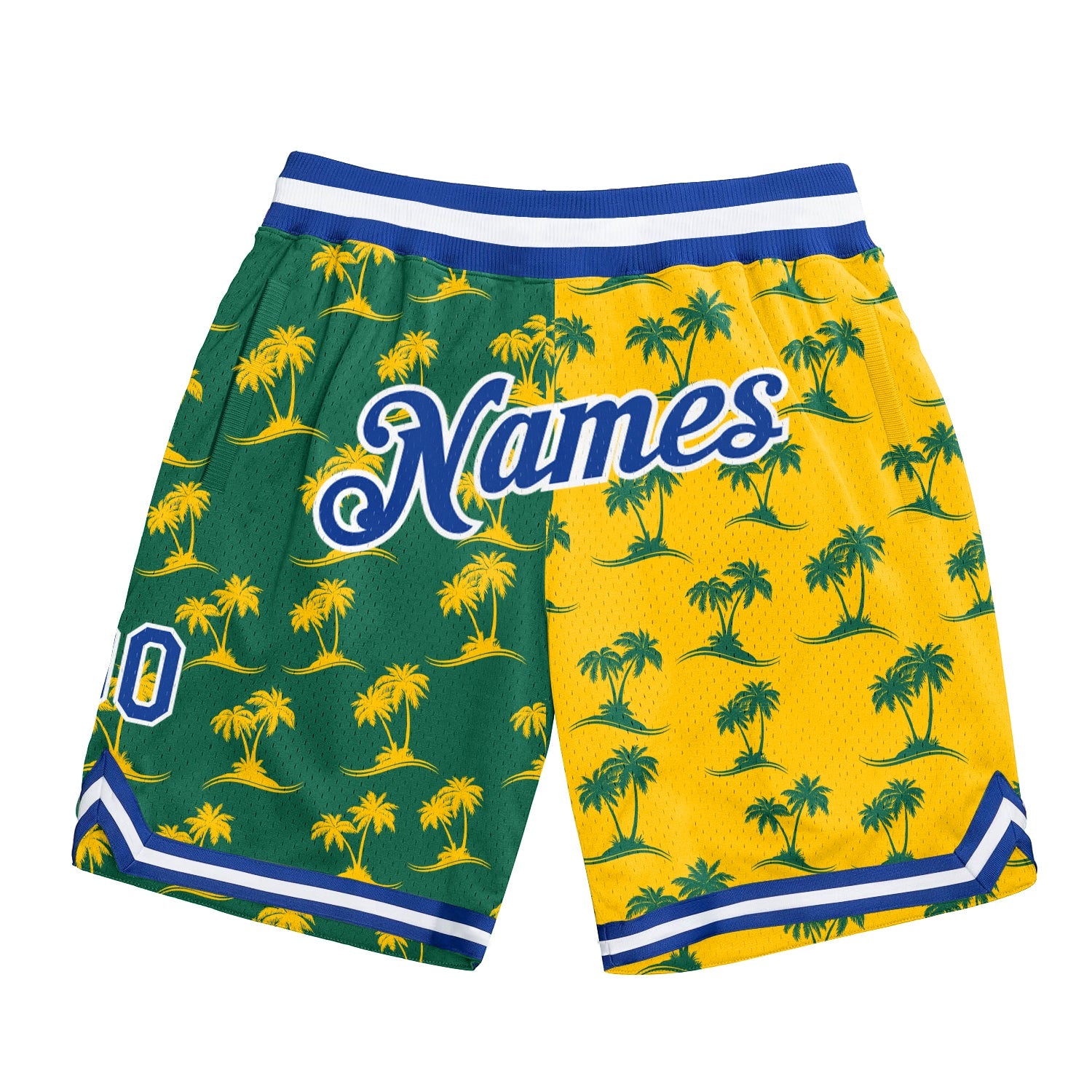 Custom Kelly Green Royal-Gold 3D Pattern Design Palm Trees Authentic Basketball Shorts - Main View