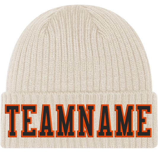 Custom City Cream Black-Orange Stitched Cuffed Knit Hat - Main View