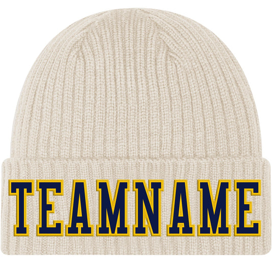 Custom City Cream Navy-Gold Stitched Cuffed Knit Hat - Main View