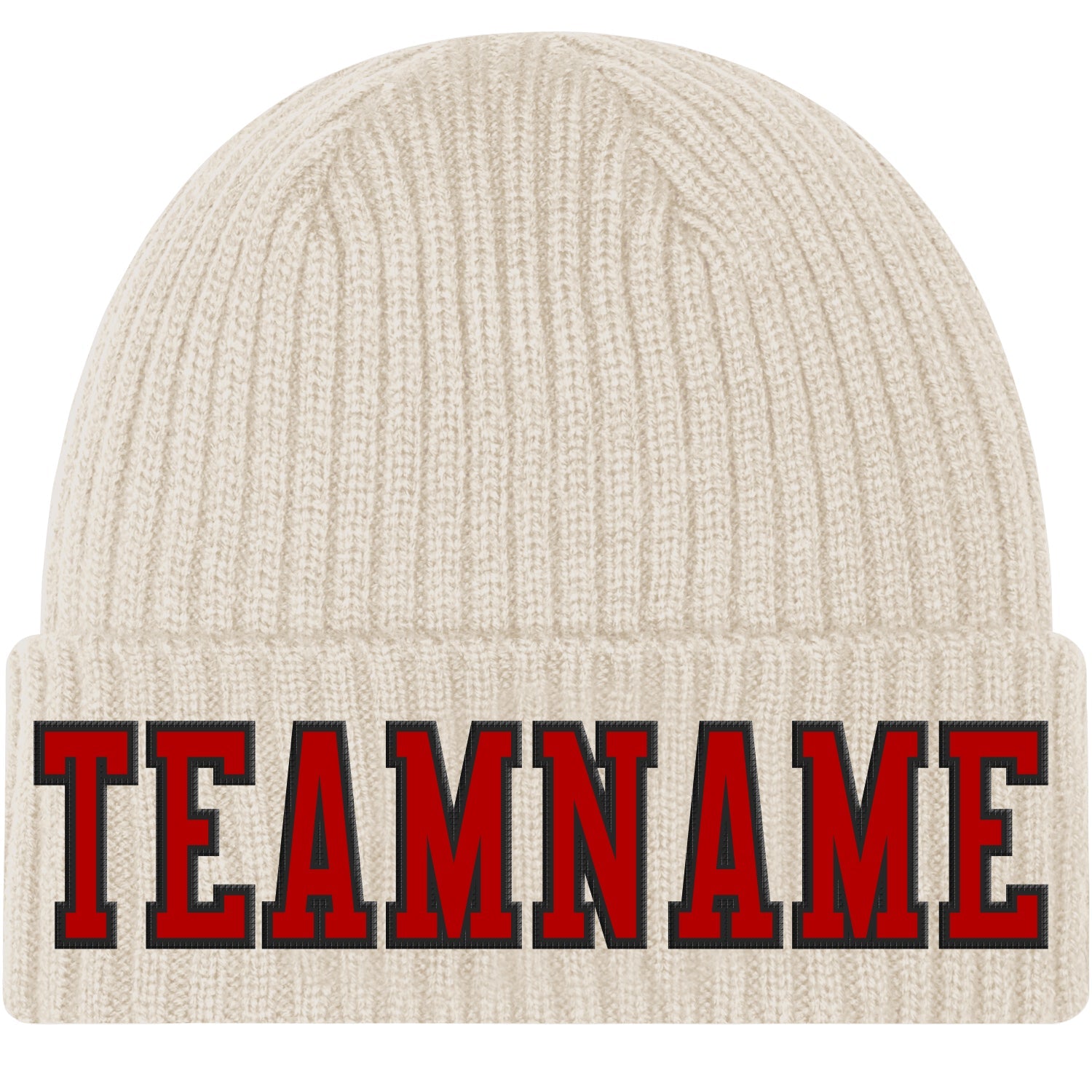 Custom City Cream Red-Black Stitched Cuffed Knit Hat - Main View