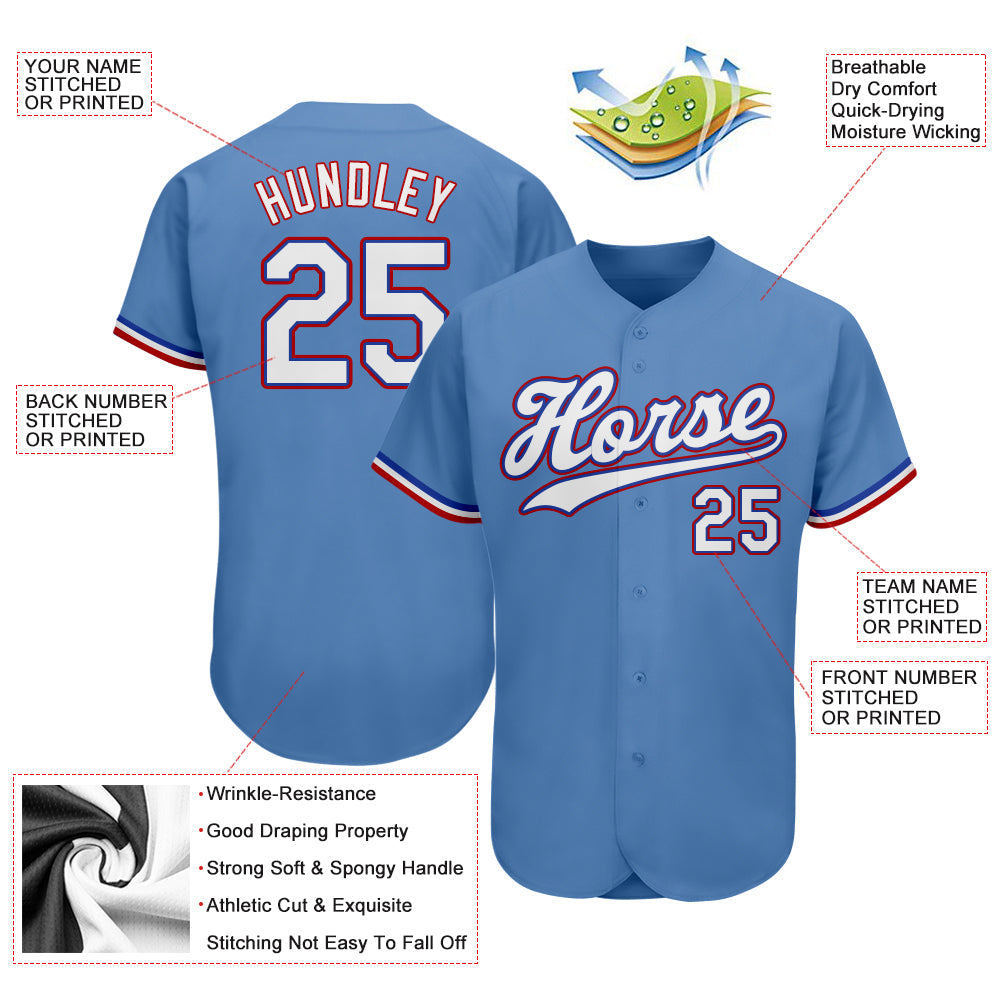 Custom Light Blue White-Red Authentic Baseball Jersey view 3