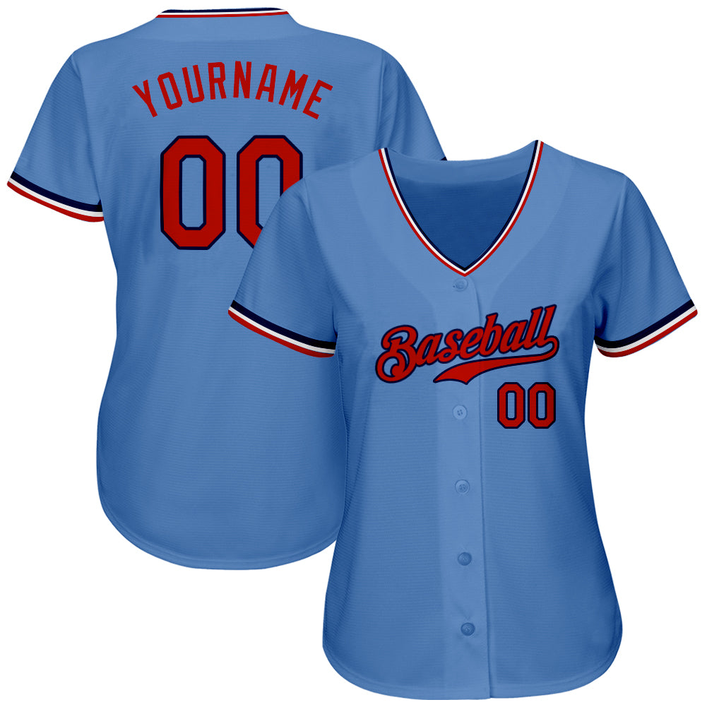 Custom Light Blue Red-Navy Authentic Baseball Jersey view 3