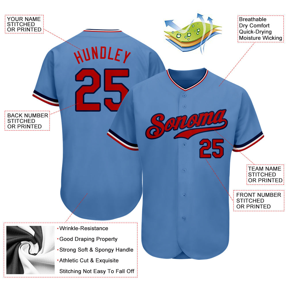 Custom Light Blue Red-Navy Authentic Baseball Jersey view 4