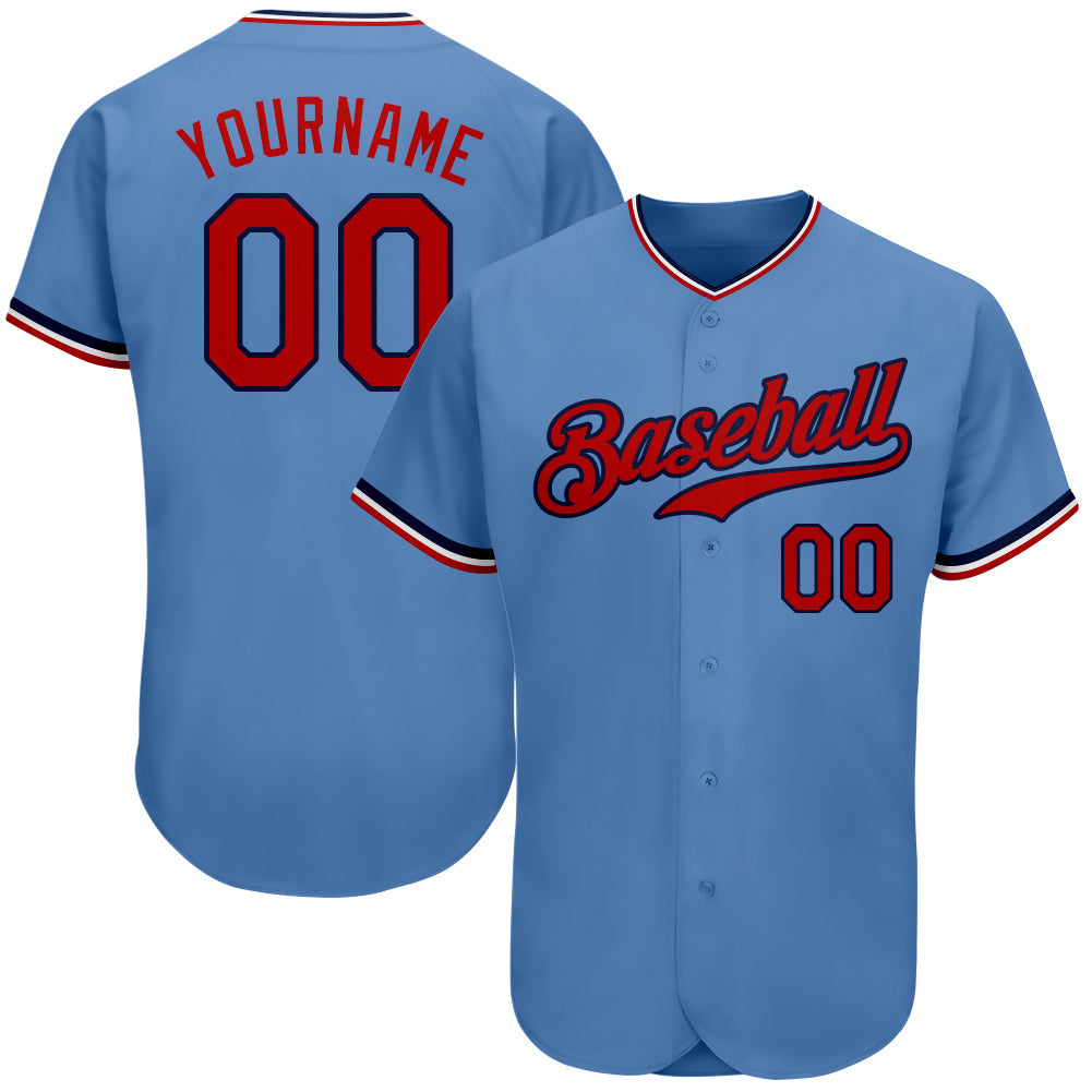 Custom Light Blue Red-Navy Authentic Baseball Jersey - Main View