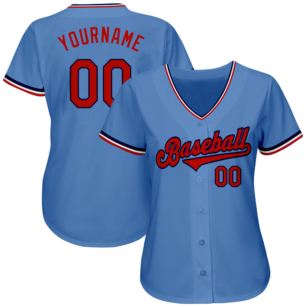 Custom Light Blue Red-Navy Authentic Baseball Jersey view 2