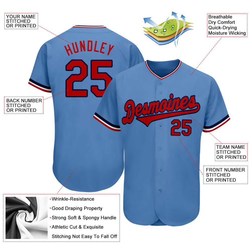 Custom Light Blue Red-Navy Authentic Baseball Jersey view 3