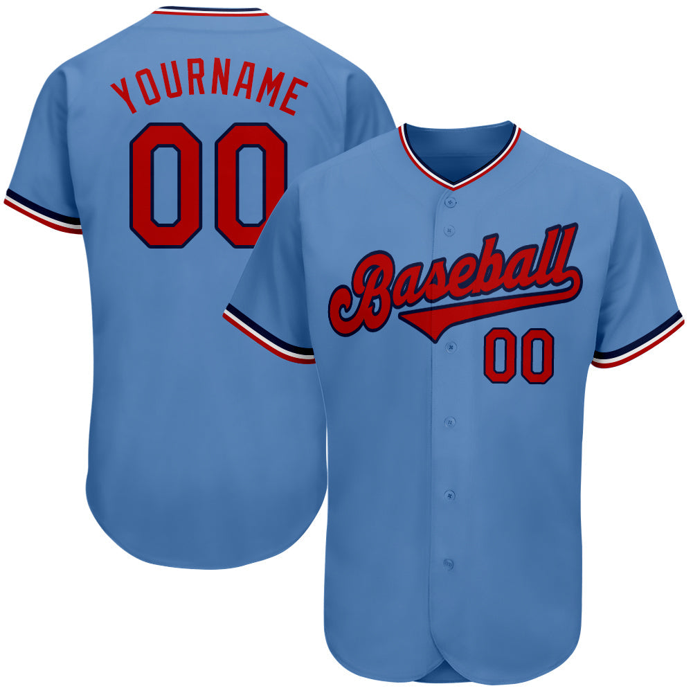 Custom Light Blue Red-Navy Authentic Baseball Jersey - Main View