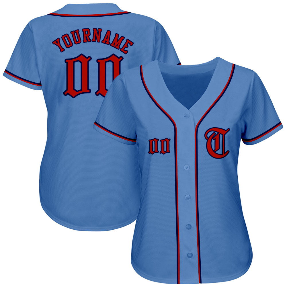 Custom Light Blue Red-Navy Authentic Baseball Jersey view 2