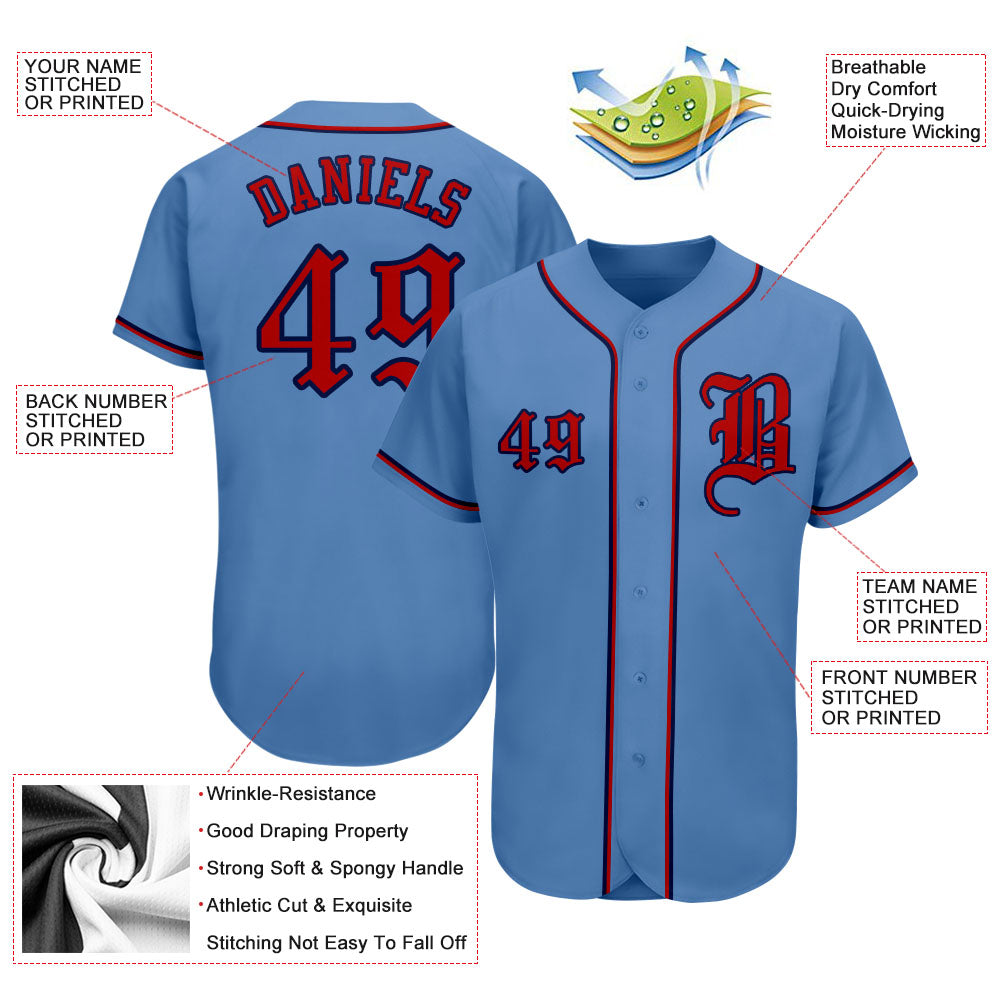 Custom Light Blue Red-Navy Authentic Baseball Jersey view 3