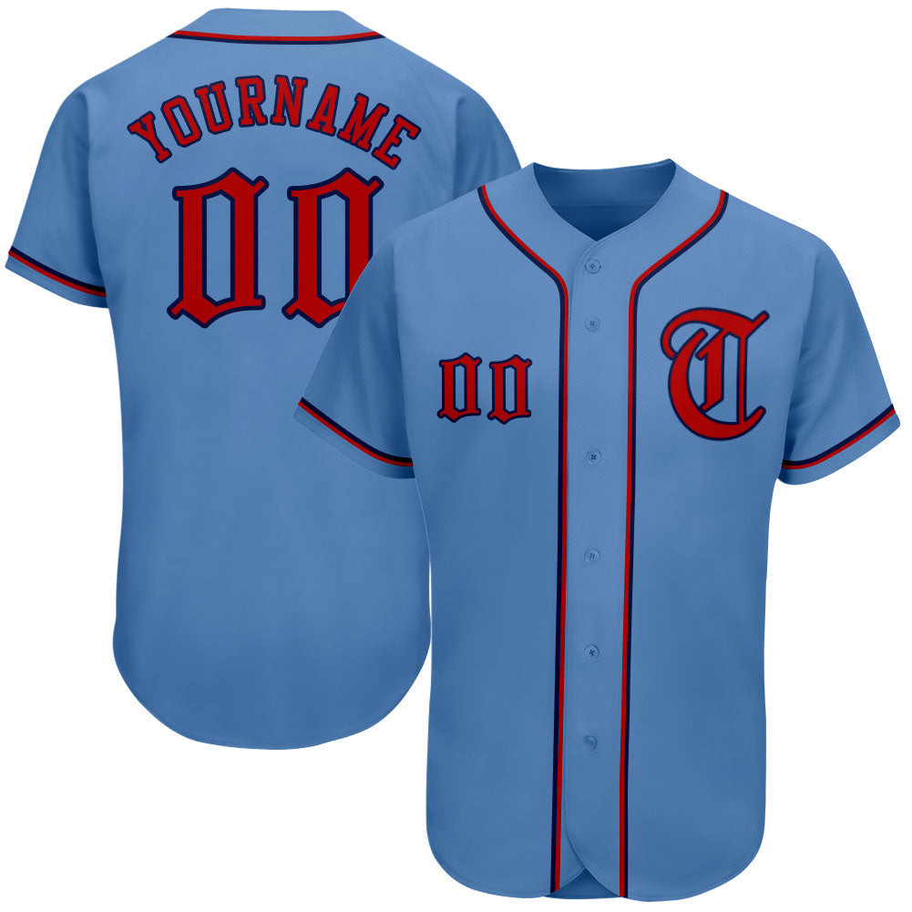 Custom Light Blue Red-Navy Authentic Baseball Jersey - Main View