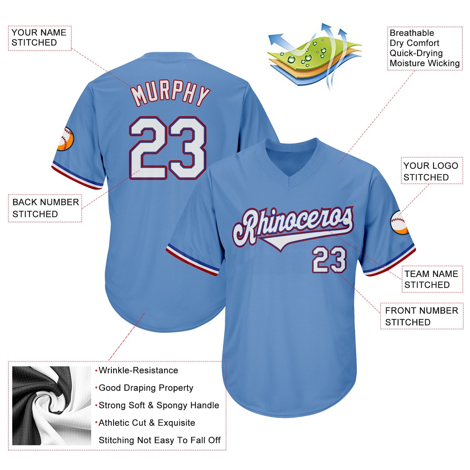 Custom Light Blue White-Red Authentic Throwback Rib-Knit Baseball Jersey Shirt view 4